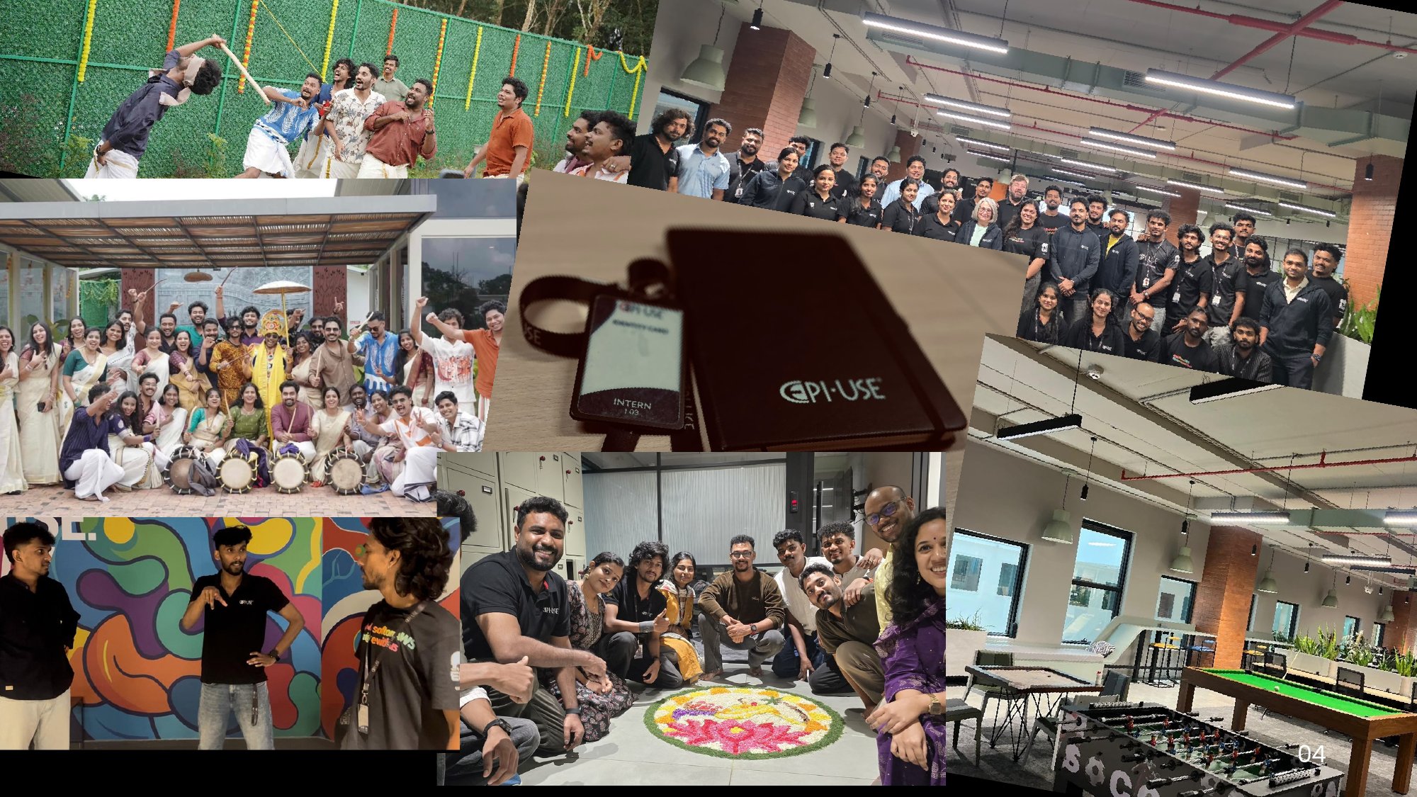 Collage of memories from EPI-USE: Onam celebrations, the team, the game room and my intern badge